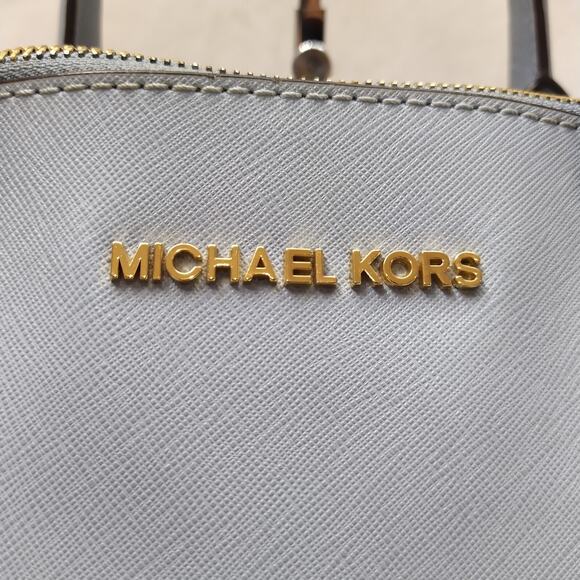 Michael Kors Blue Crossgrain Leather Carryall Double Handle Zipper Satchel Bag - Picture 3 of 16